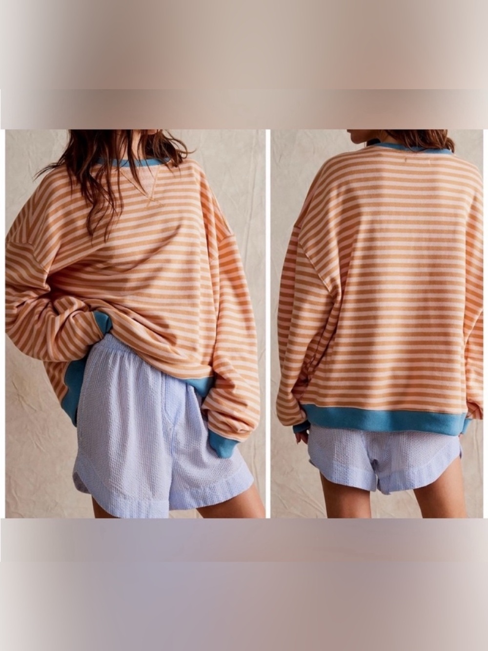 NWOT Free People We the Free Classic Striped Oversized Crewneck - latte Combo- S